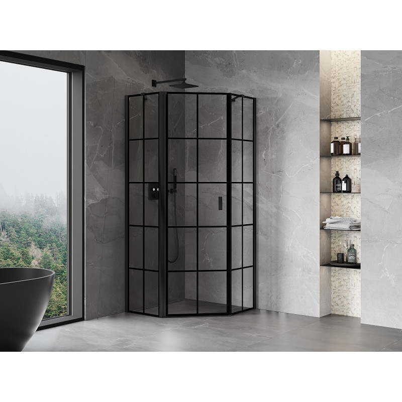 Mexen Mist pentagonal shower enclosure, tilt left 100 x 100 cm, black grid, black - 8A8-100-100-70-77-L