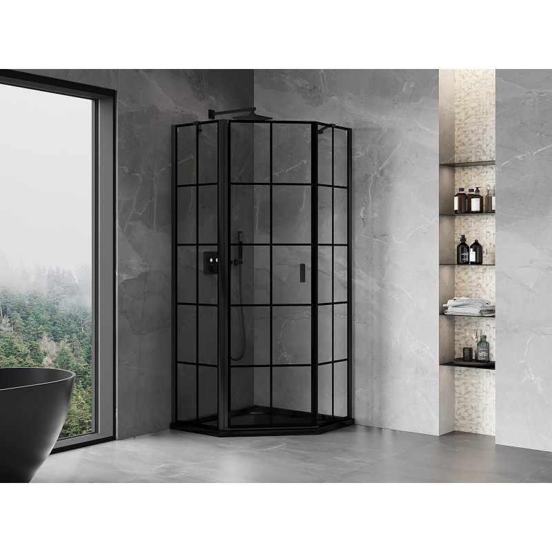 Mexen Mist pentagonal shower enclosure, tilt left 100 x 100 cm, black grid, black - 8A8-100-100-70-77-L
