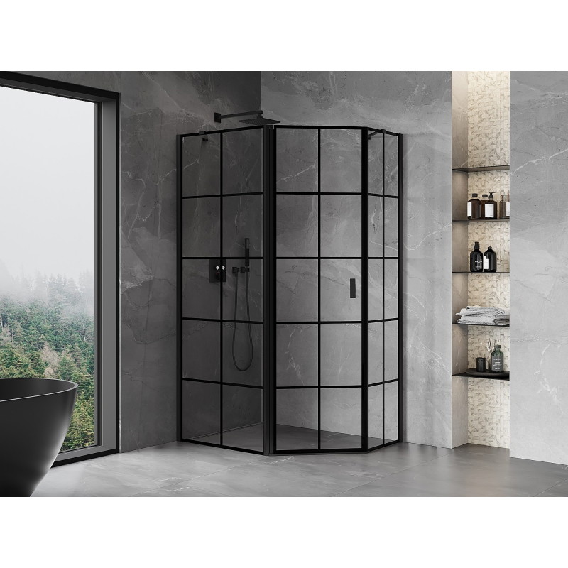 Mexen Mist asymmetric pentagonal left hinged shower enclosure 90 x 80 cm, black grid, black - 8A8-090-080-70-77-L