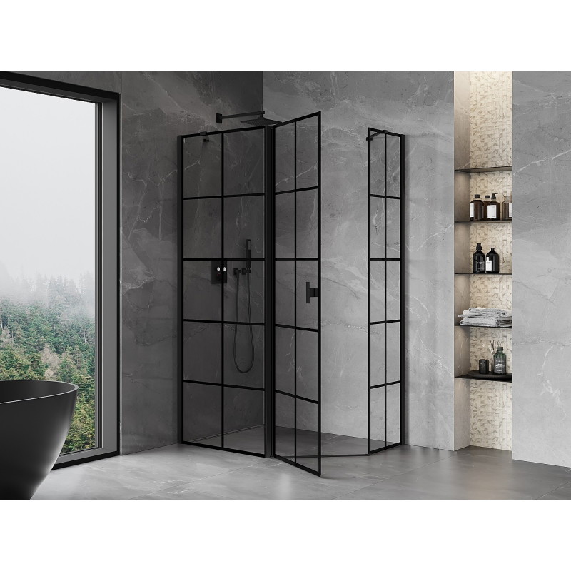 Mexen Mist asymmetric pentagonal left hinged shower enclosure 90 x 80 cm, black grid, black - 8A8-090-080-70-77-L