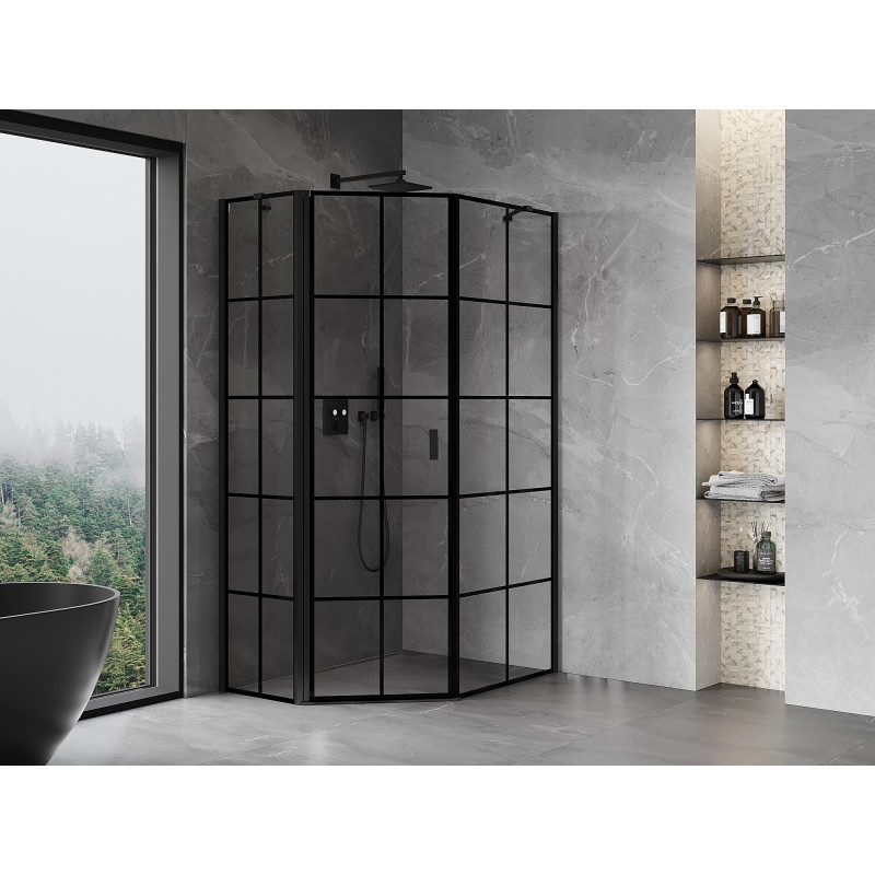 Mexen Mist asymmetric pentagonal shower enclosure, left door 80 x 90 cm, black grid, black - 8A8-080-090-70-77-L