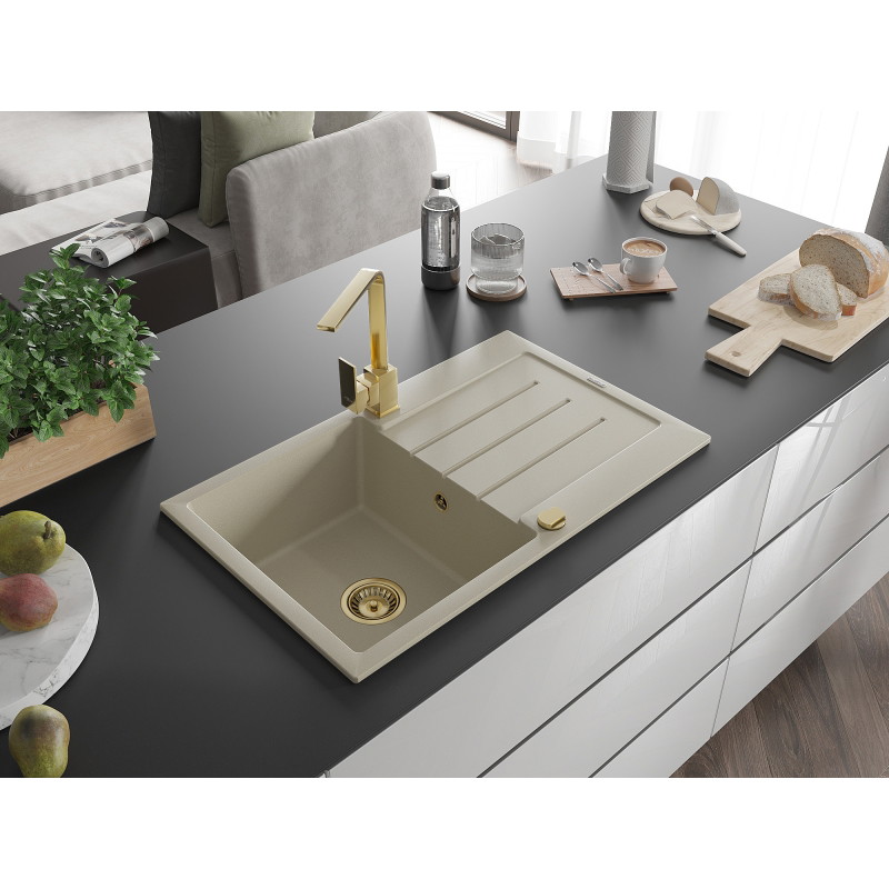 Mexen Bruno granite 1-bowl kitchen sink with drainer and Rita kitchen faucet, beige - 6513-69-670300-50