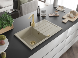 Mexen Bruno granite sink 1-bowl with drainer and Rita kitchen mixer, beige - 6513-69-670300-50