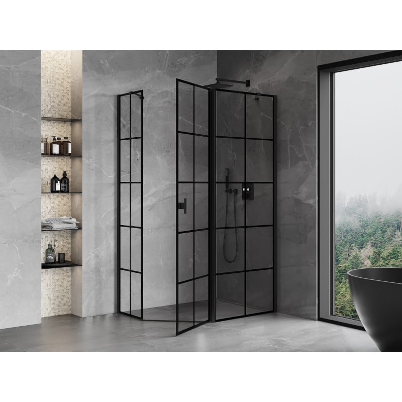 Mexen Mist asymmetrical right hinged pentagonal shower enclosure 90 x 80 cm, black grid, black - 8A8-090-080-70-77-P