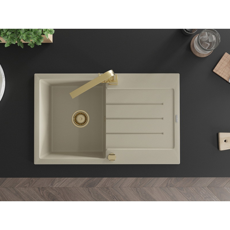 Mexen Bruno 1-bowl granite sink with drainer and kitchen faucet Rita, beige - 6513-69-670300-50
