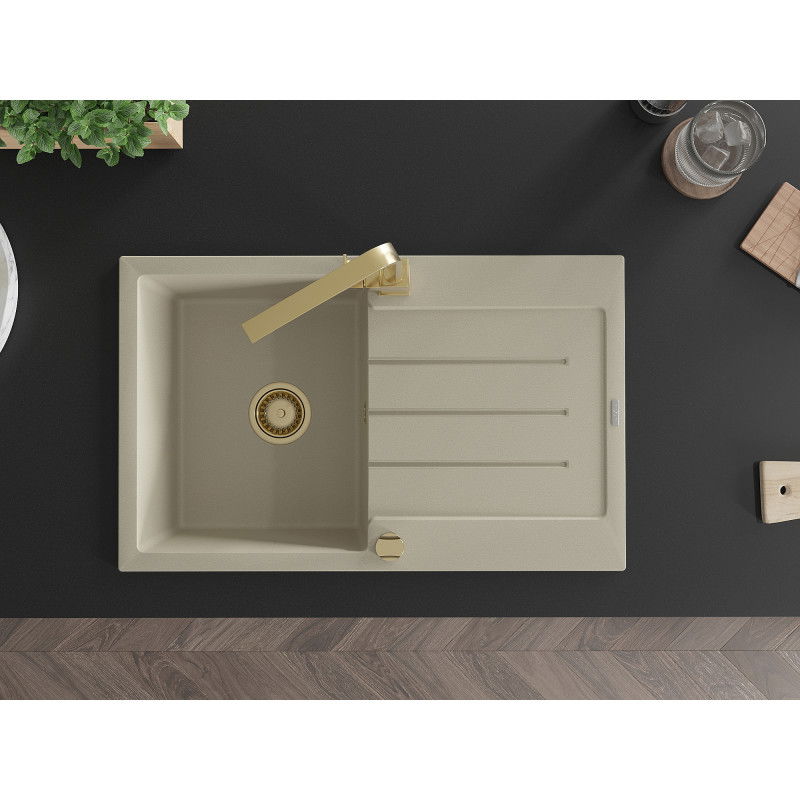 Mexen Bruno granite sink 1-bowl with drainer and Rita kitchen mixer, beige - 6513-69-670300-50