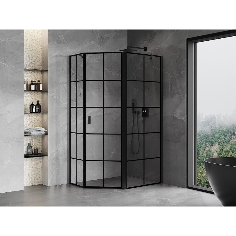 Mexen Mist pentagonal asymmetrical right-hinged shower enclosure 100 x 90 cm, black grid, black - 8A8-100-090-70-77-P