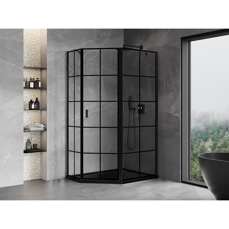 Mexen Mist asymmetrical pentagonal shower cabin, right hinged 100 x 90 cm, black grid, black - 8A8-100-090-70-77-P