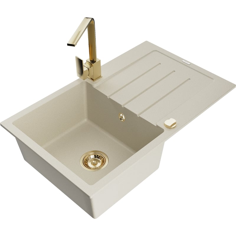 Mexen Bruno granite 1-bowl kitchen sink with drainer and Rita kitchen faucet, beige - 6513-69-670300-50
