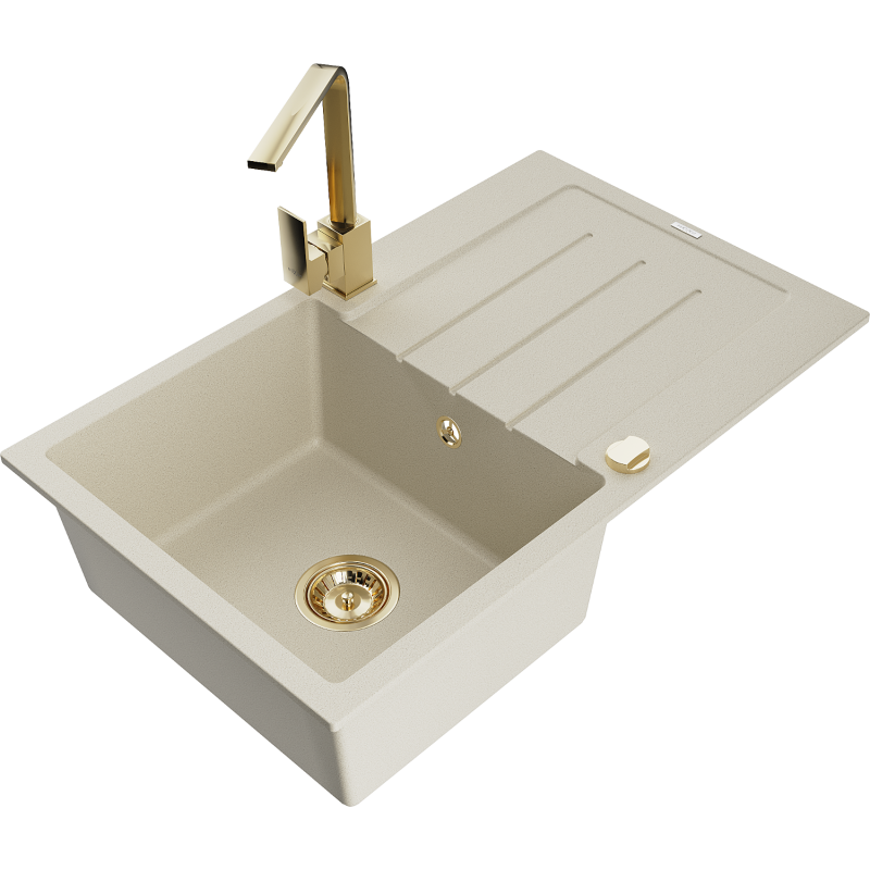 Mexen Bruno granite sink 1-bowl with drainer and Rita kitchen mixer, beige - 6513-69-670300-50