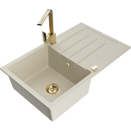 Mexen Bruno 1-compartment granite sink with a drip tray and kitchen mixer tap Rita, Beige - 6513-69-670300-50