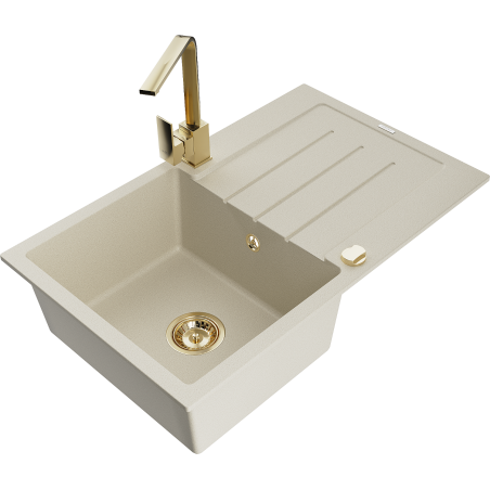 Mexen Bruno granite sink 1-bowl with drainer and Rita kitchen mixer, beige - 6513-69-670300-50