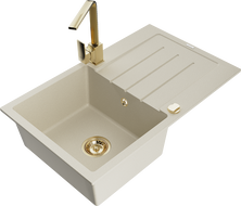 Mexen Bruno granite 1-bowl kitchen sink with drainer and Rita kitchen faucet, beige - 6513-69-670300-50