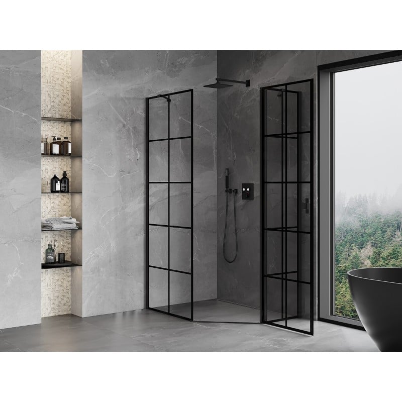 Mexen Mist asymmetrical pentagonal shower enclosure, right-hinged 80 x 100 cm, black grid, black - 8A8-080-100-70-77-P