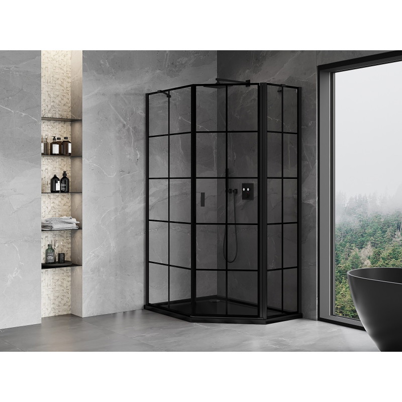 Mexen Mist pentagonal asymmetrical right-hand hinged shower enclosure 90 x 100 cm, black grid, black - 8A8-090-100-70-77-P