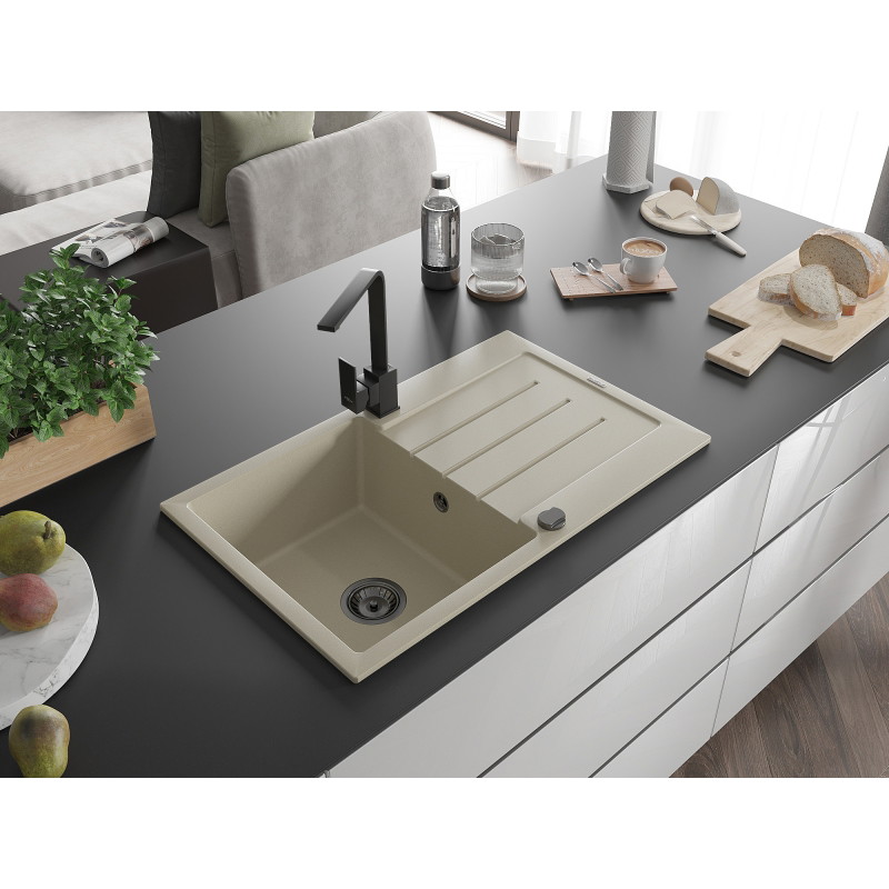 Mexen Bruno granite kitchen sink 1-bowl with drainer and kitchen faucet Rita, beige - 6513-69-670300-70