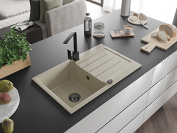 Mexen Bruno 1-compartment granite sink with a drip tray and kitchen mixer tap Rita, Beige - 6513-69-670300-70