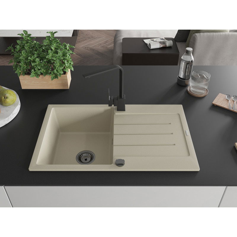 Mexen Bruno single-bowl granite sink with drainer and Rita kitchen tap, beige - 6513-69-670300-70