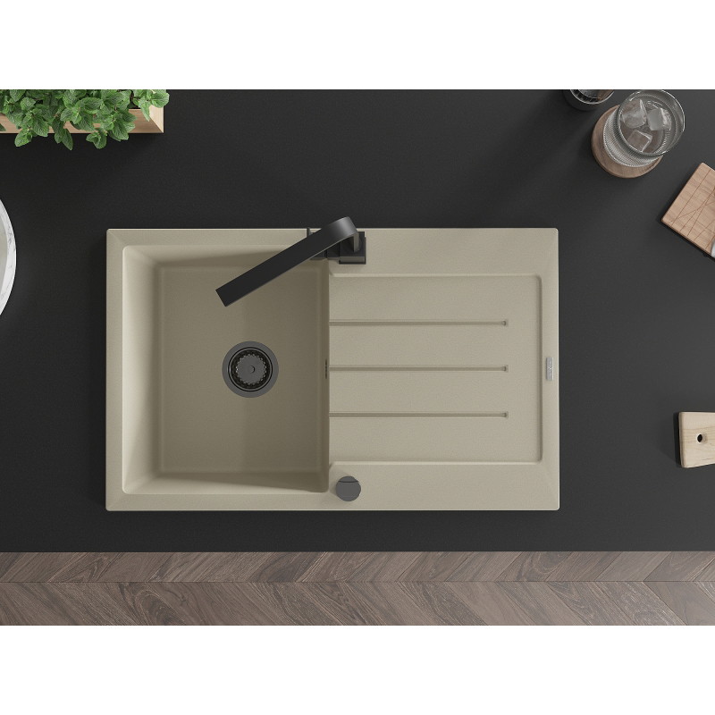 Mexen Bruno granite kitchen sink 1-bowl with drainer and kitchen faucet Rita, beige - 6513-69-670300-70