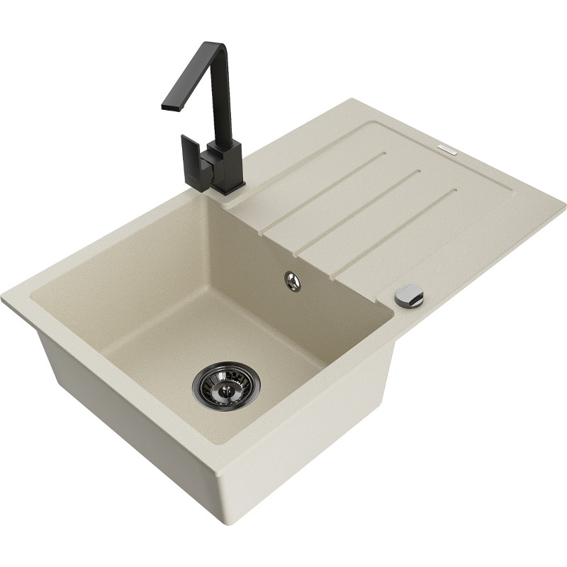 Mexen Bruno granite kitchen sink 1-bowl with drainer and kitchen faucet Rita, beige - 6513-69-670300-70