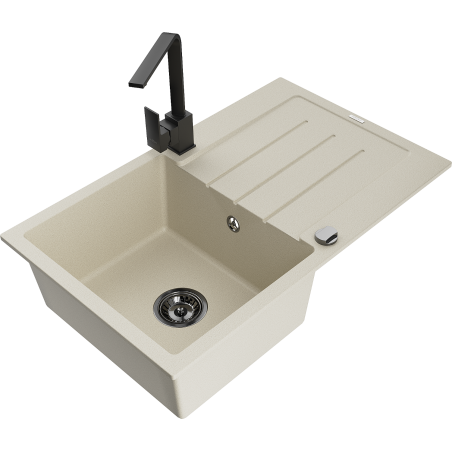 Mexen Bruno granite kitchen sink 1-bowl with drainer and kitchen faucet Rita, beige - 6513-69-670300-70