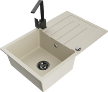 Mexen Bruno 1-compartment granite sink with a drip tray and kitchen mixer tap Rita, Beige - 6513-69-670300-70