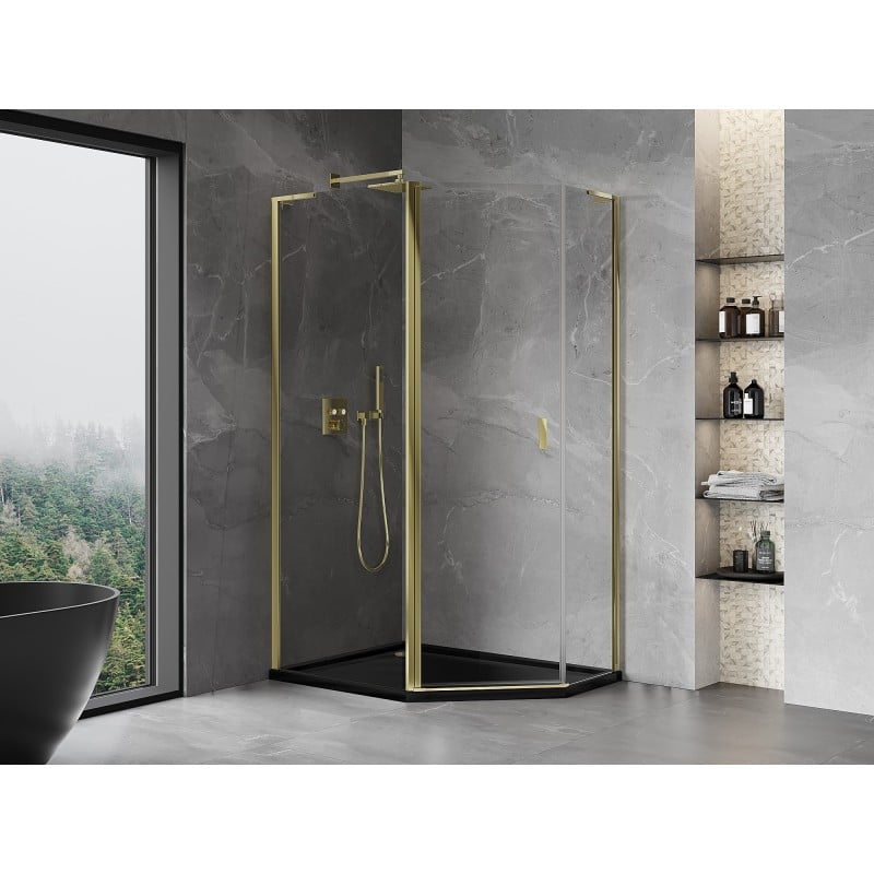 Mexen Mist L asymmetrical hinged pentagonal shower enclosure 90 x 80 cm, transparent, gold - 8A8L-090-080-50-00