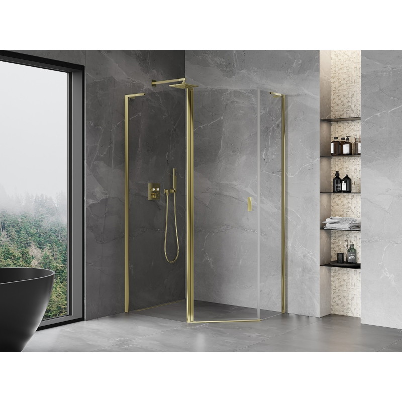 Mexen Mist L asymmetrical pentagonal shower cabin with hinged doors, 100 x 90 cm, transparent, gold - 8A8L-100-090-50-00