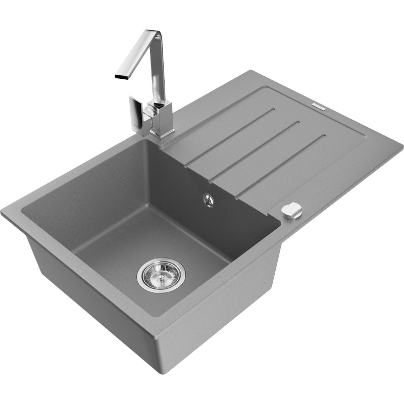 Mexen Bruno granite sink single-bowl with drainer and kitchen faucet Rita, gray - 6513-71-670300-00