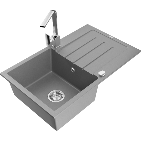 Mexen Bruno 1-bowl granite sink with drainer and Rita kitchen tap, grey - 6513-71-670300-00