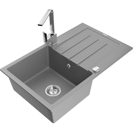 Mexen Bruno 1-compartment granite sink with a drip tray and kitchen mixer tap Rita, Grey - 6513-71-670300-00