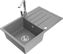 Mexen Bruno 1-bowl granite sink with drainer and Rita kitchen tap, grey - 6513-71-670300-00