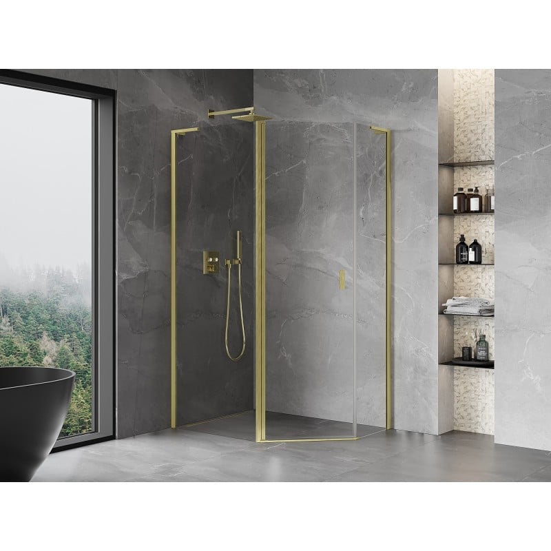 Mexen Mist L asymmetrical pentagonal shower enclosure with pivot door 100x90 cm, transparent, brushed gold - 8A8L-100-090-55-00
