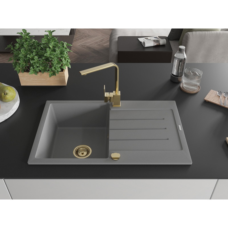 Mexen Bruno granite kitchen sink 1-compartment with drainer and kitchen faucet Rita, gray - 6513-71-670300-50