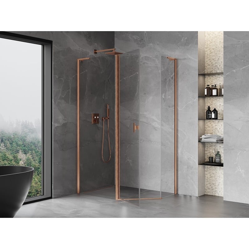 Mexen Mist L pentagonal asymmetrical hinged shower enclosure 90x80 cm, transparent, brushed copper - 8A8L-090-080-65-00