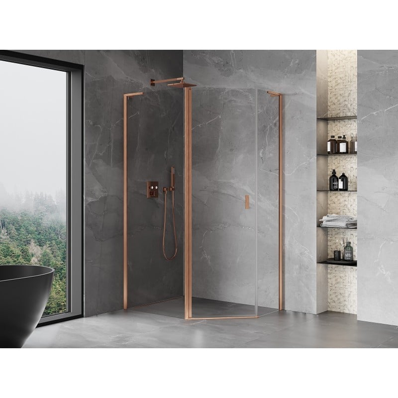 Mexen Mist L asymmetric pentagonal hinged shower cabin 100x80 cm, transparent, brushed copper - 8A8L-100-080-65-00