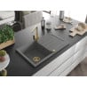 Mexen Bruno granite sink 1-bowl with drainer and Rita kitchen tap, grey - 6513-71-670300-50
