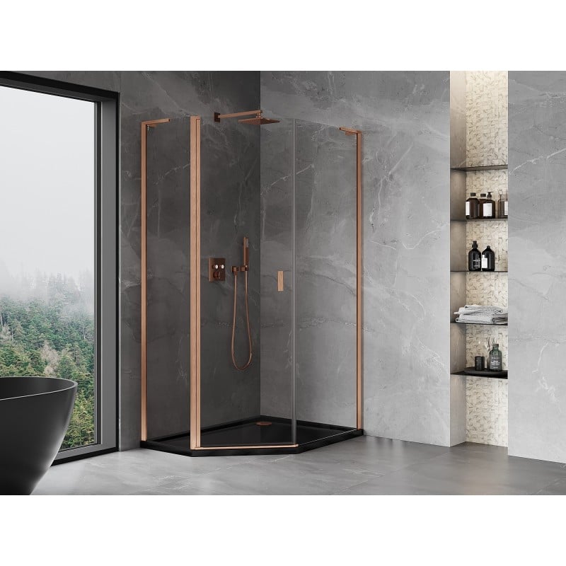 Mexen Mist L pentagonal asymmetrical hinged shower enclosure 80x90 cm, transparent, brushed copper - 8A8L-080-090-65-00