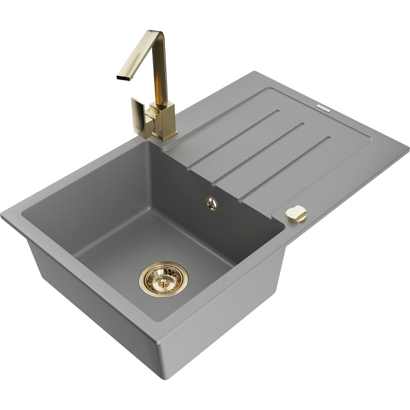 Mexen Bruno granite kitchen sink 1-compartment with drainer and kitchen faucet Rita, gray - 6513-71-670300-50