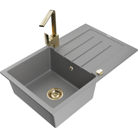 Mexen Bruno 1-compartment granite sink with a drip tray and kitchen mixer tap Rita, Grey - 6513-71-670300-50