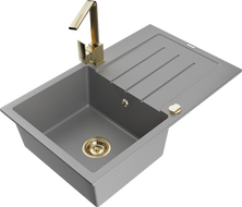 Mexen Bruno granite sink 1-bowl with drainer and Rita kitchen tap, grey - 6513-71-670300-50