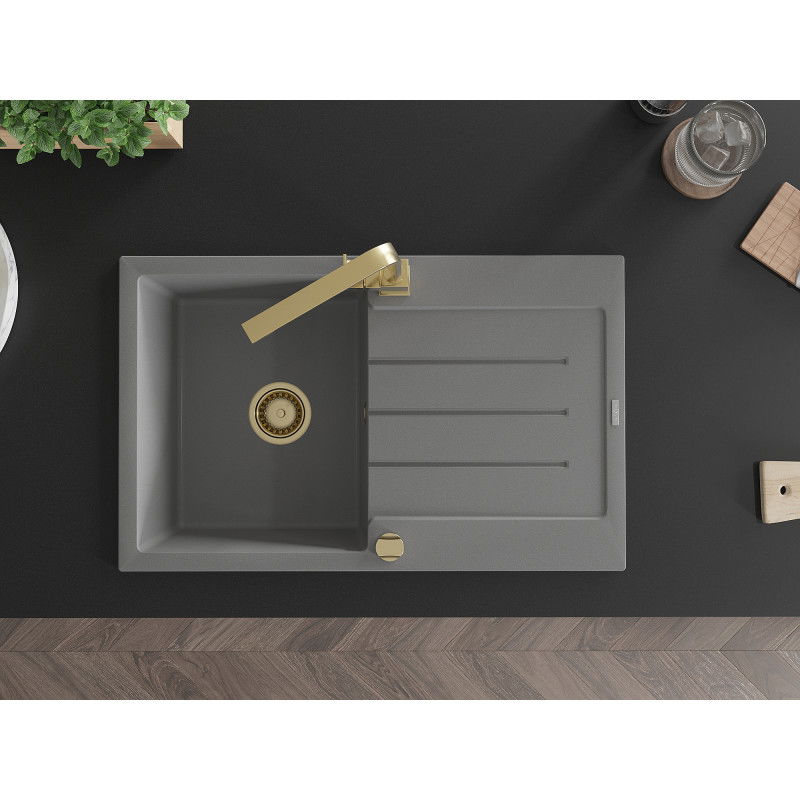 Mexen Bruno granite sink 1-bowl with drainer and Rita kitchen tap, grey - 6513-71-670300-50