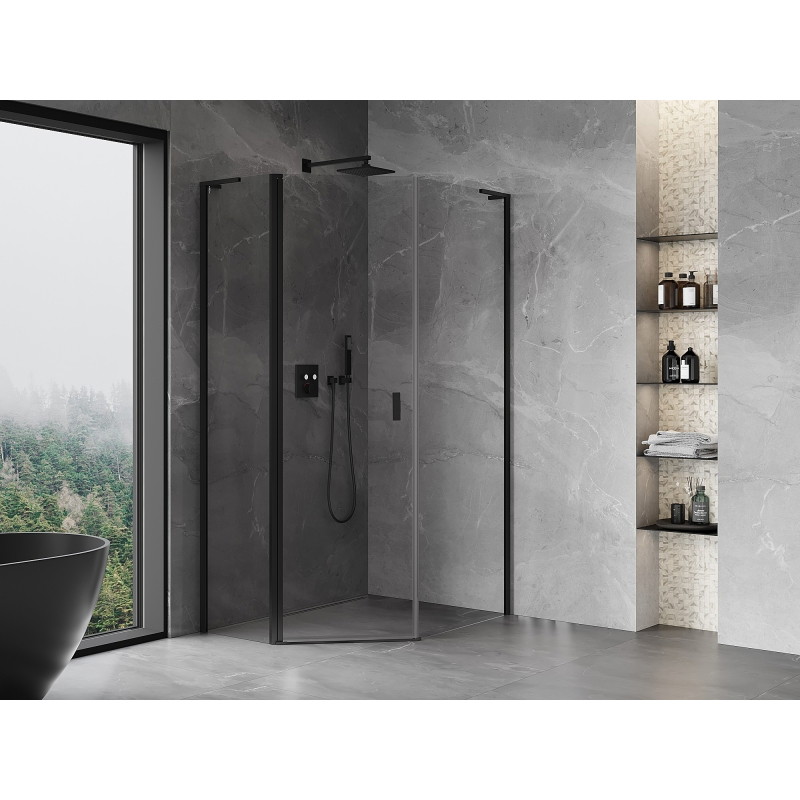 Mexen Mist L asymmetric pentagonal hinged shower enclosure 80 x 90 cm, transparent, black - 8A8L-080-090-70-00