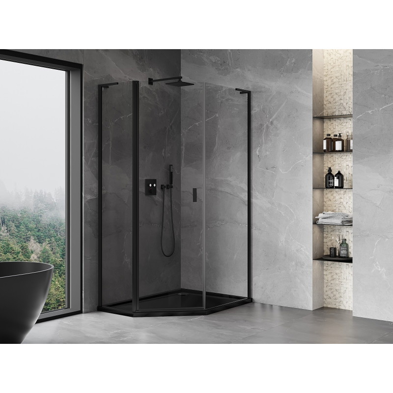 Mexen Mist L asymmetric pentagonal pivot shower enclosure 90 x 100 cm, transparent, black - 8A8L-090-100-70-00