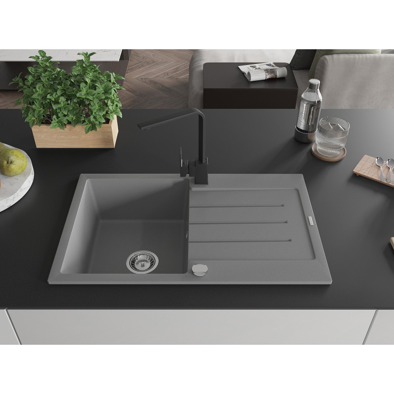 Mexen Bruno 1-bowl granite sink with drainer and Rita kitchen faucet, gray - 6513-71-670300-70