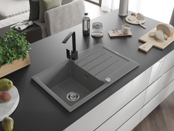 Mexen Bruno 1-compartment granite sink with a drip tray and kitchen mixer tap Rita, Grey - 6513-71-670300-70