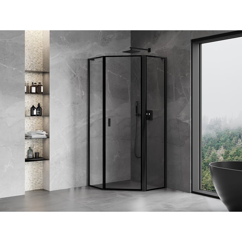 Mexen Mist L pentagonal shower cabin hinged right 90 x 90 cm, black frame, black - 8A8L-090-090-70-70-P
