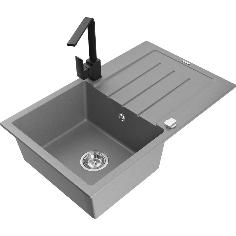 Mexen Bruno 1-bowl granite sink with drainer and Rita kitchen faucet, gray - 6513-71-670300-70
