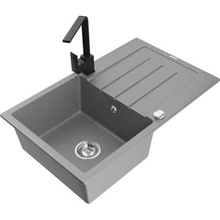 Mexen Bruno 1-compartment granite sink with a drip tray and kitchen mixer tap Rita, Grey - 6513-71-670300-70