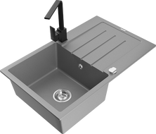 Mexen Bruno granite sink 1-bowl with drainer and Rita kitchen tap, grey - 6513-71-670300-70